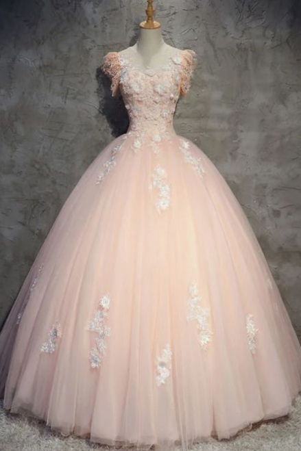 2020 Pink tulle lace long prom gown, pink evening dress