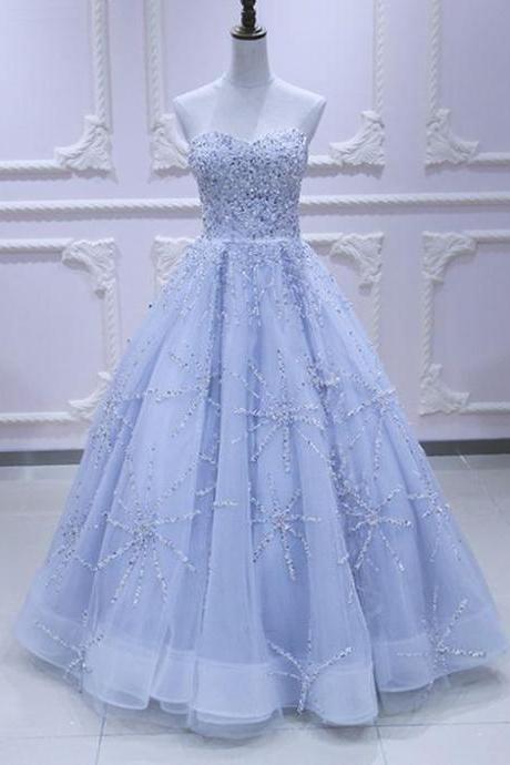 Sweetheart Neck Light Blue Tulle Sequins Long Evening Dress, Long Prom Dress