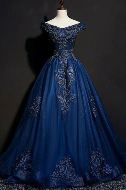Blue Tulle Lace Off Shoulder Long Prom Dress Blue Tulle Lace Evening Dress