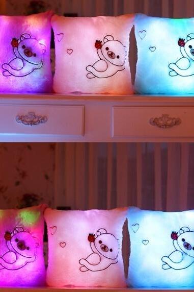  New 2015 Soft LED Light Bear Pillow Stuffed Plush Toys Cute Bear Pattern LED Shining Square Pillow Gifts for Love for Kids 