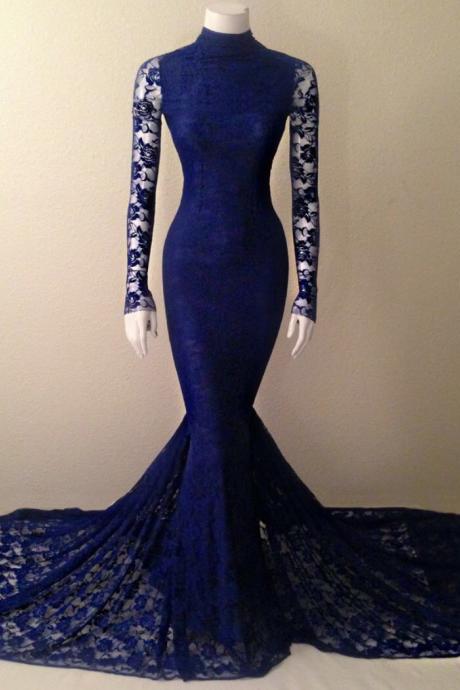 2016 Navy Blue Soft Lace Long Sleeves Mermaid Evening Gown With High Neck