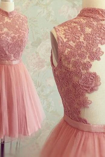 2016 Rose Pink Tulle High Neck Cocktail Dress With Lace Appliques Bodice