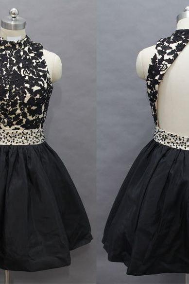 2016 Open Back Black Lace Applique Knee Length Homecoming Dresses with Beadings, Homecoming Dresses, Graduation Dresses