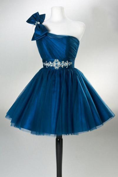 Short Tulle Homecoming Dress Featuring Bow Accent One Shoulder Ruched Bodice