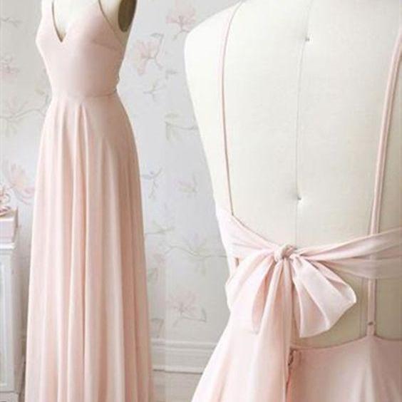 V neck Light pink chiffon long prom dress, V neck Light pink chiffon long evening dress