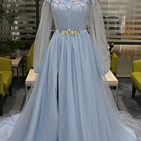 Custom Made Tulle Light Blue Long Prom Dress, Appliques Evening Dress for Prom
