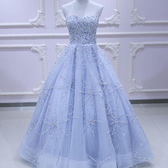 Sweetheart neck light blue tulle sequins long evening dress, long prom dress