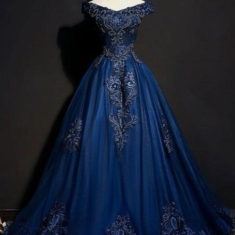 Blue tulle lace off shoulder long prom dress blue tulle lace evening dress